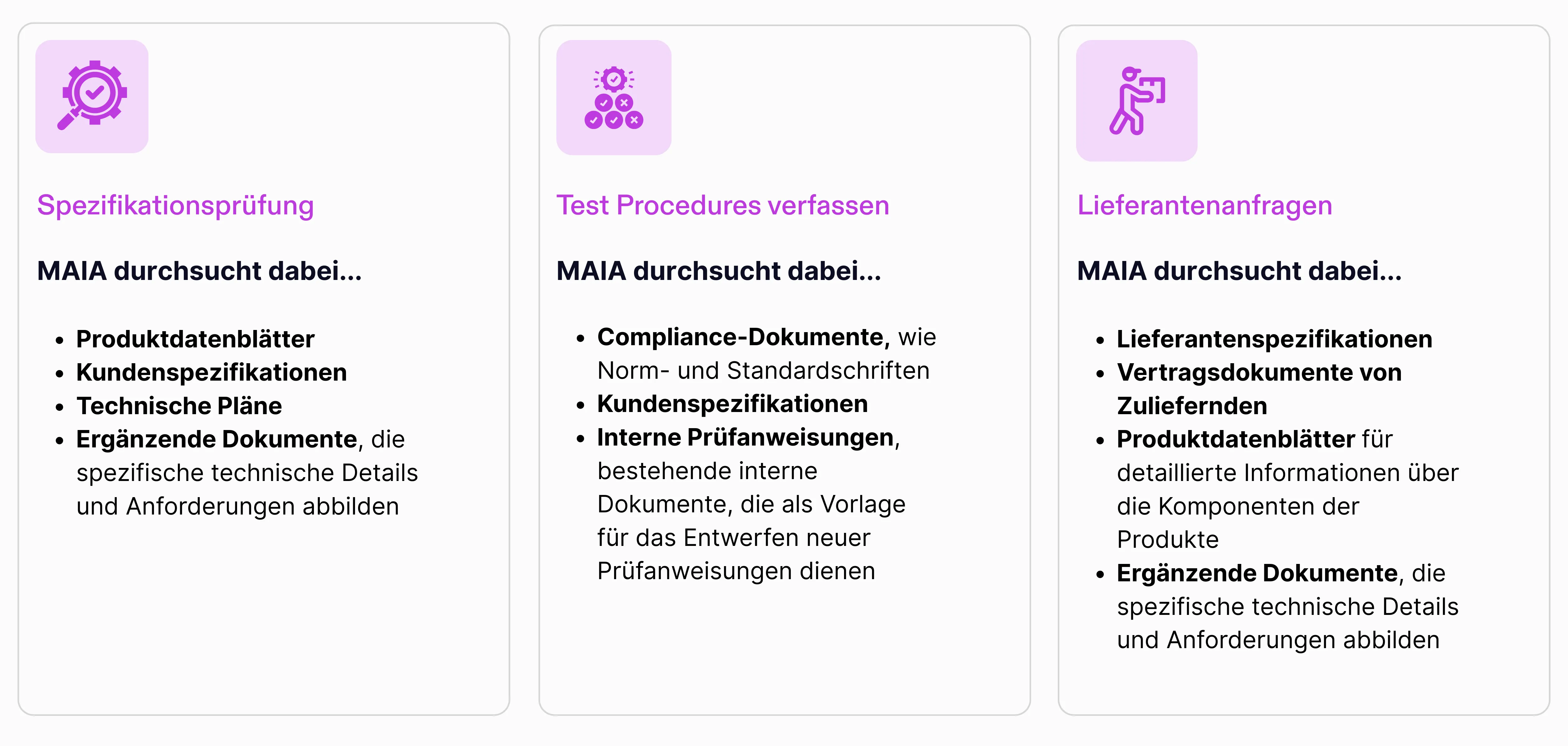 Was MAIA je Use Case durchsucht: Spezifikationsprüfung, Test Procedures verfassen, Lieferantenanfragen