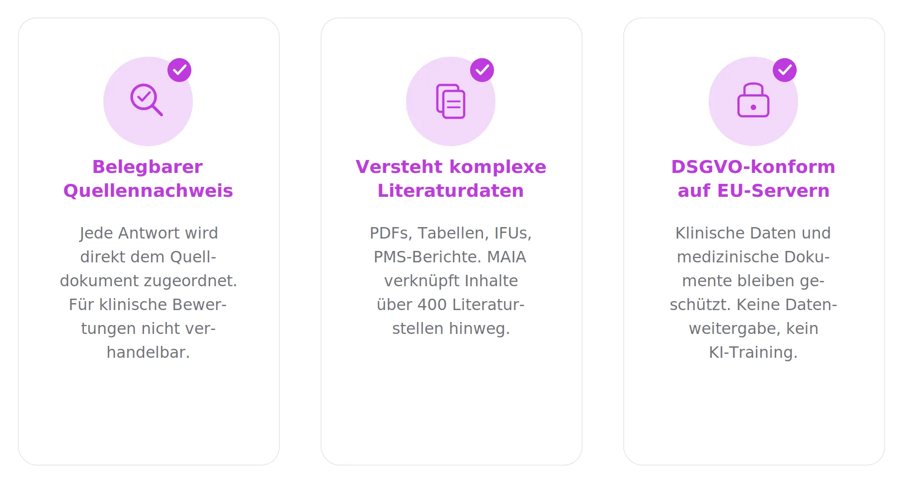Drei Vorteile: belegbarer Quellennachweis, versteht komplexe Literaturdaten, DSGVO-konform auf EU-Servern