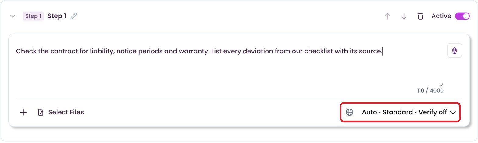 Step with instruction, files and answer settings