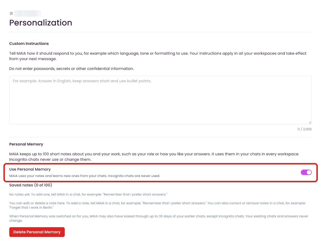 “Use Personal Memory” toggle