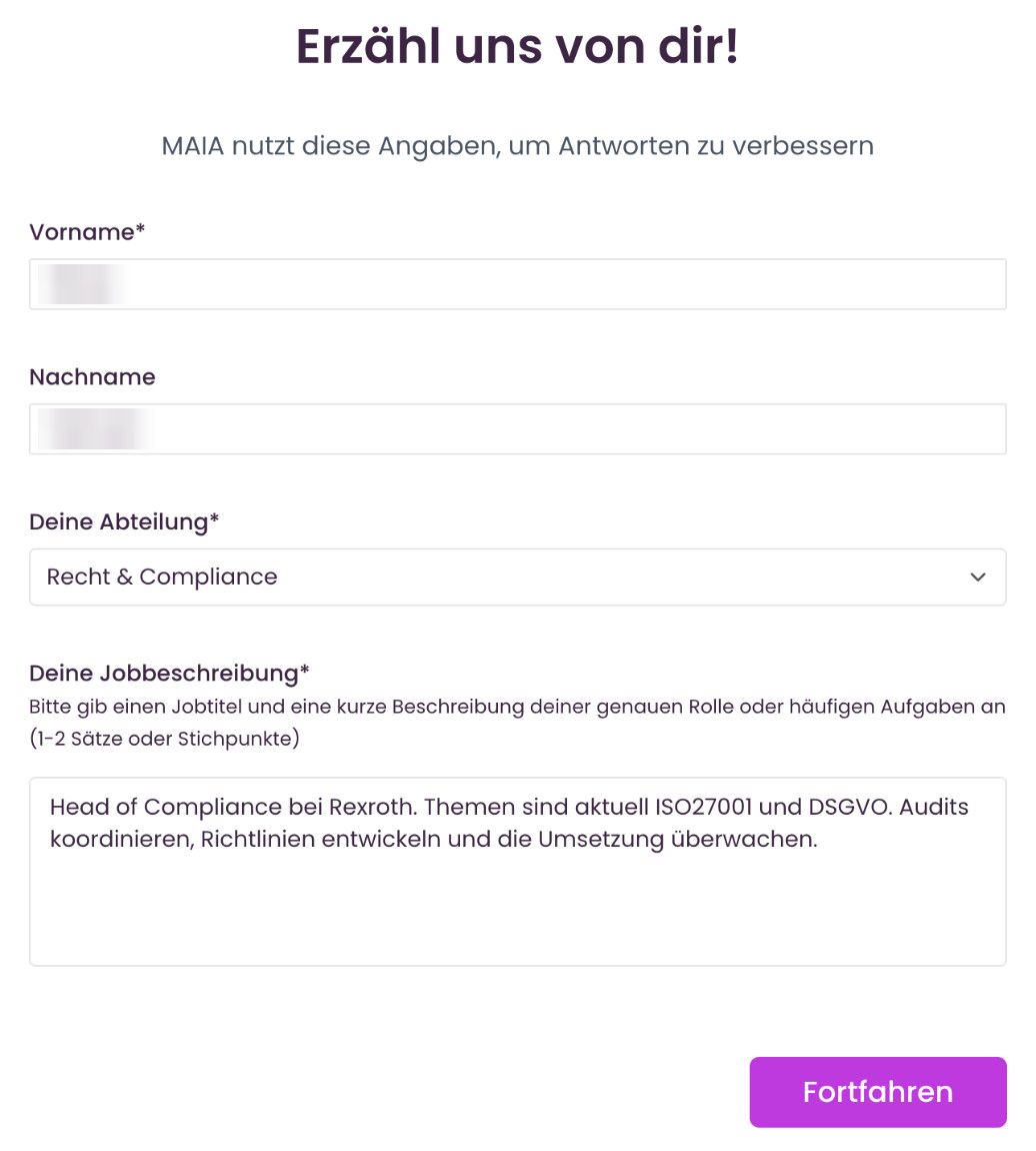 Formular „Erzähl uns von dir!“ mit Vorname, Nachname, Abteilung und Jobbeschreibung