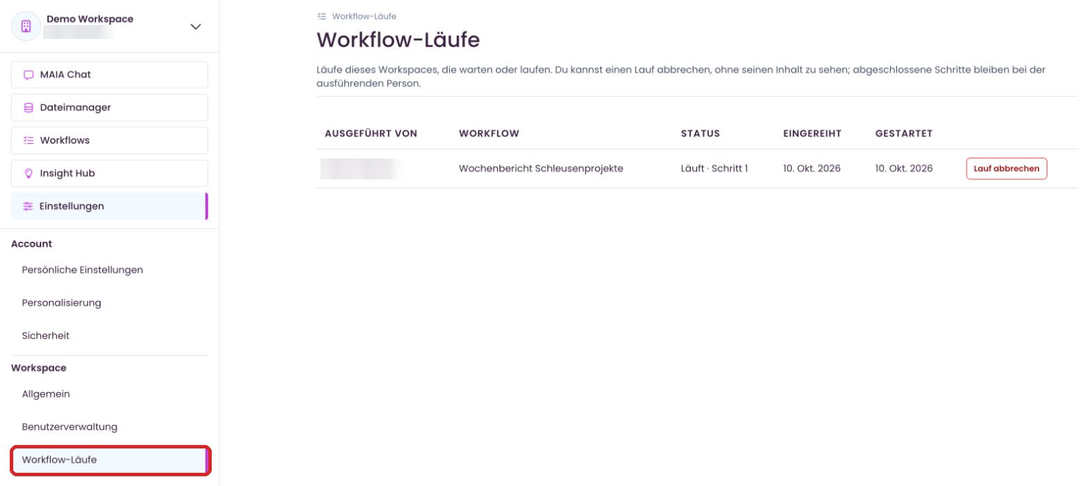 Workflow-Läufe in den Einstellungen