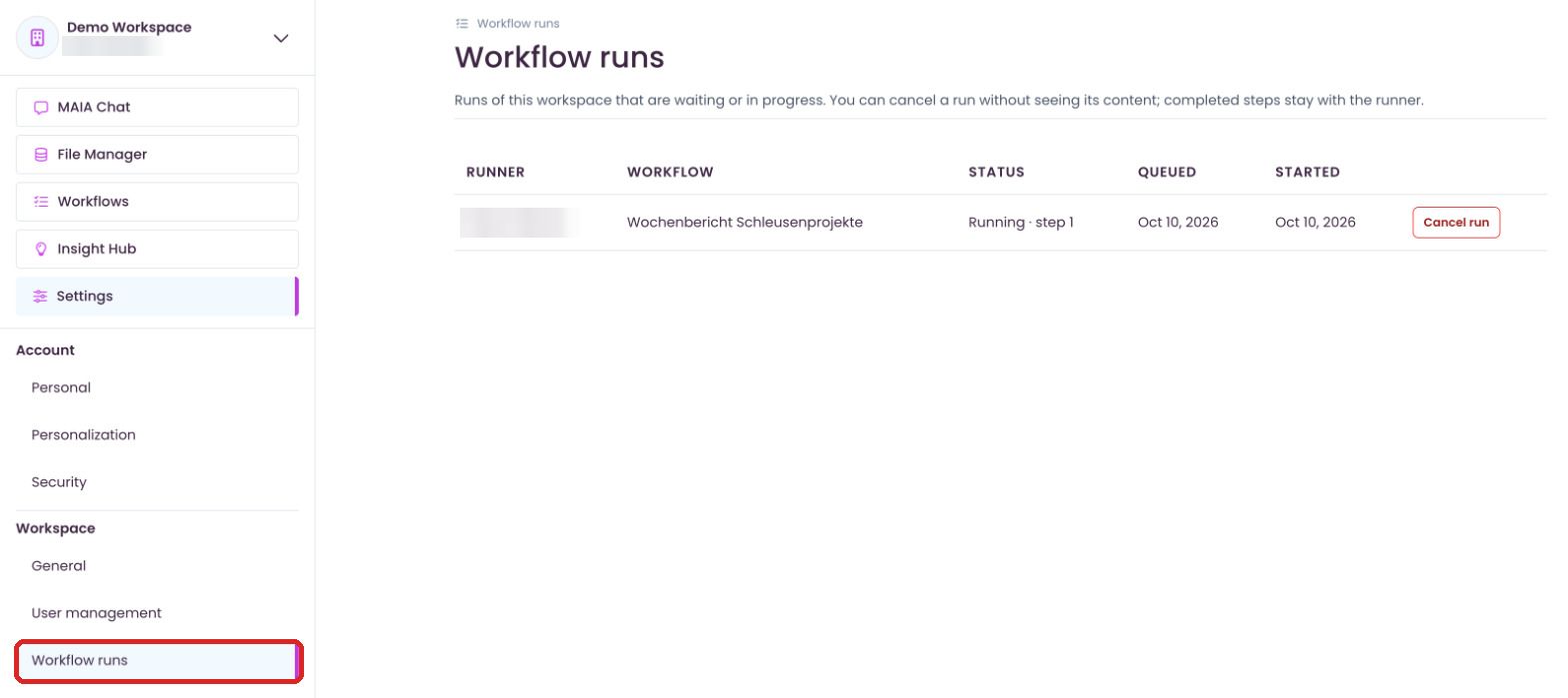 Workflow runs in the settings