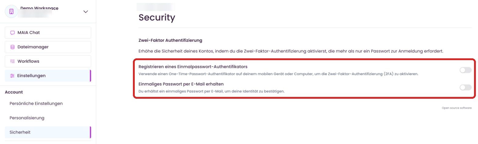 Seite „Security“ mit Zwei-Faktor-Methoden