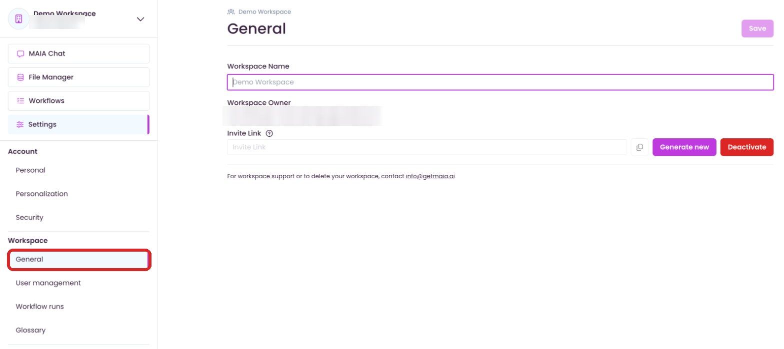 Settings page “General”