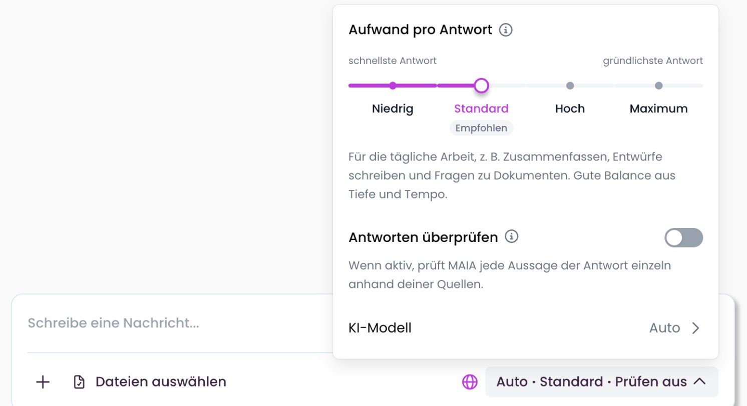 Geöffnete Antworteinstellungen mit Aufwand, „Antworten überprüfen“ und KI-Modell