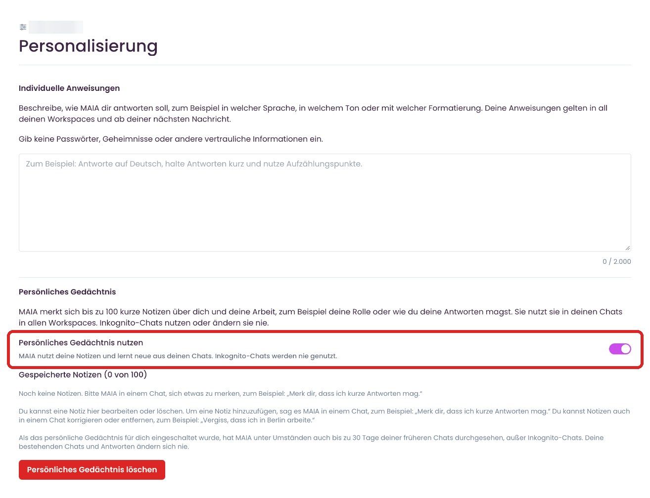 Schalter „Persönliches Gedächtnis nutzen“