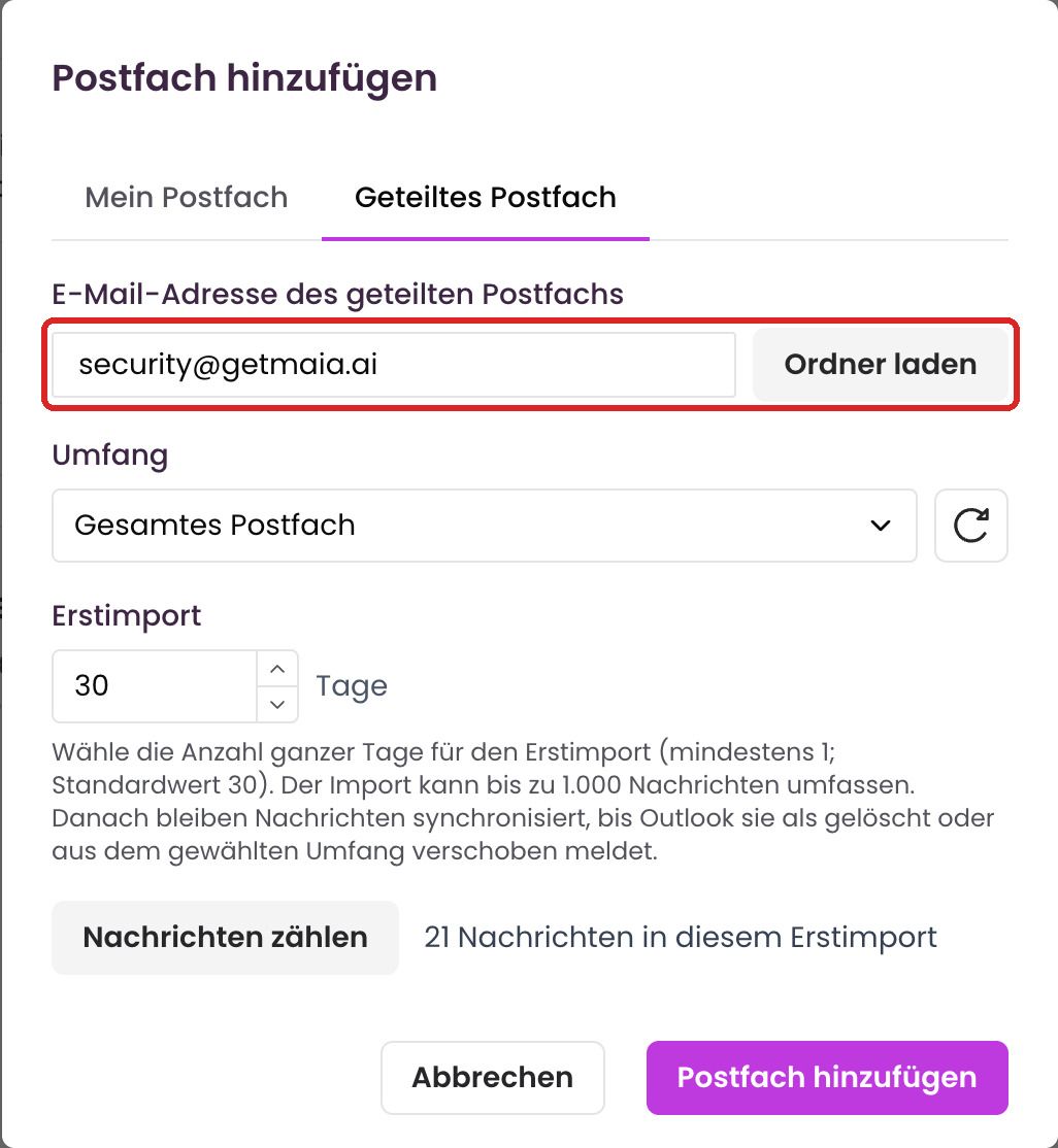Reiter „Geteiltes Postfach“ im Dialog „Postfach hinzufügen“