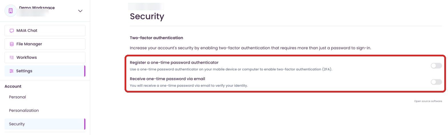 “Security” page with two-factor methods