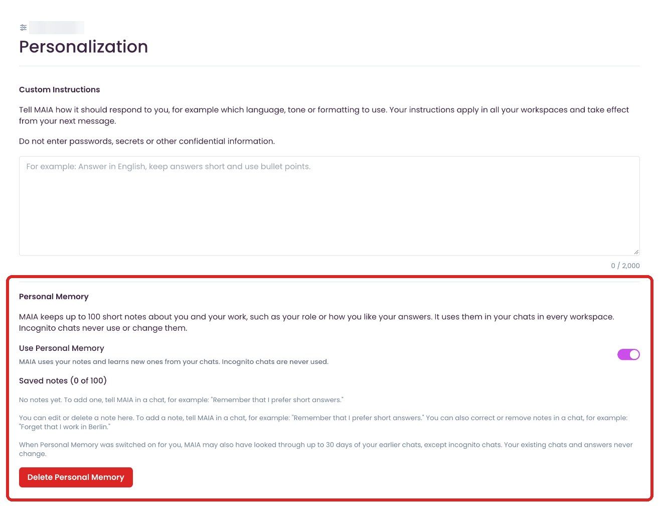 “Personal Memory” section in the settings