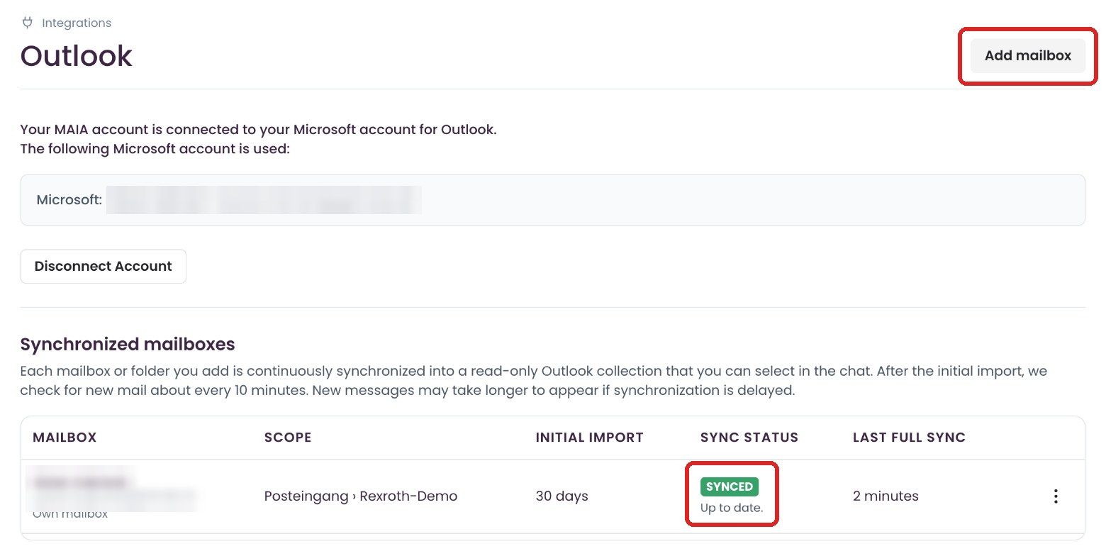 Outlook settings with a connected account and a synchronized mailbox