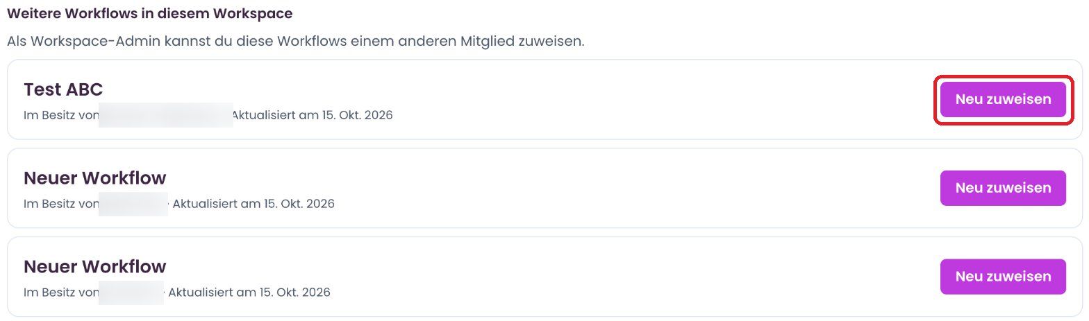 Abschnitt „Weitere Workflows in diesem Workspace“ mit „Neu zuweisen“