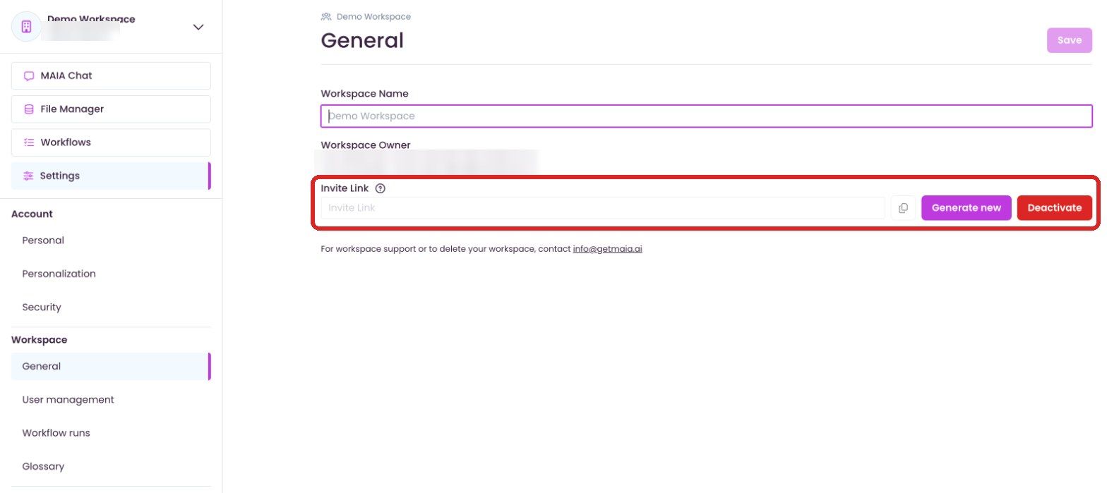 Invite link on the “General” page