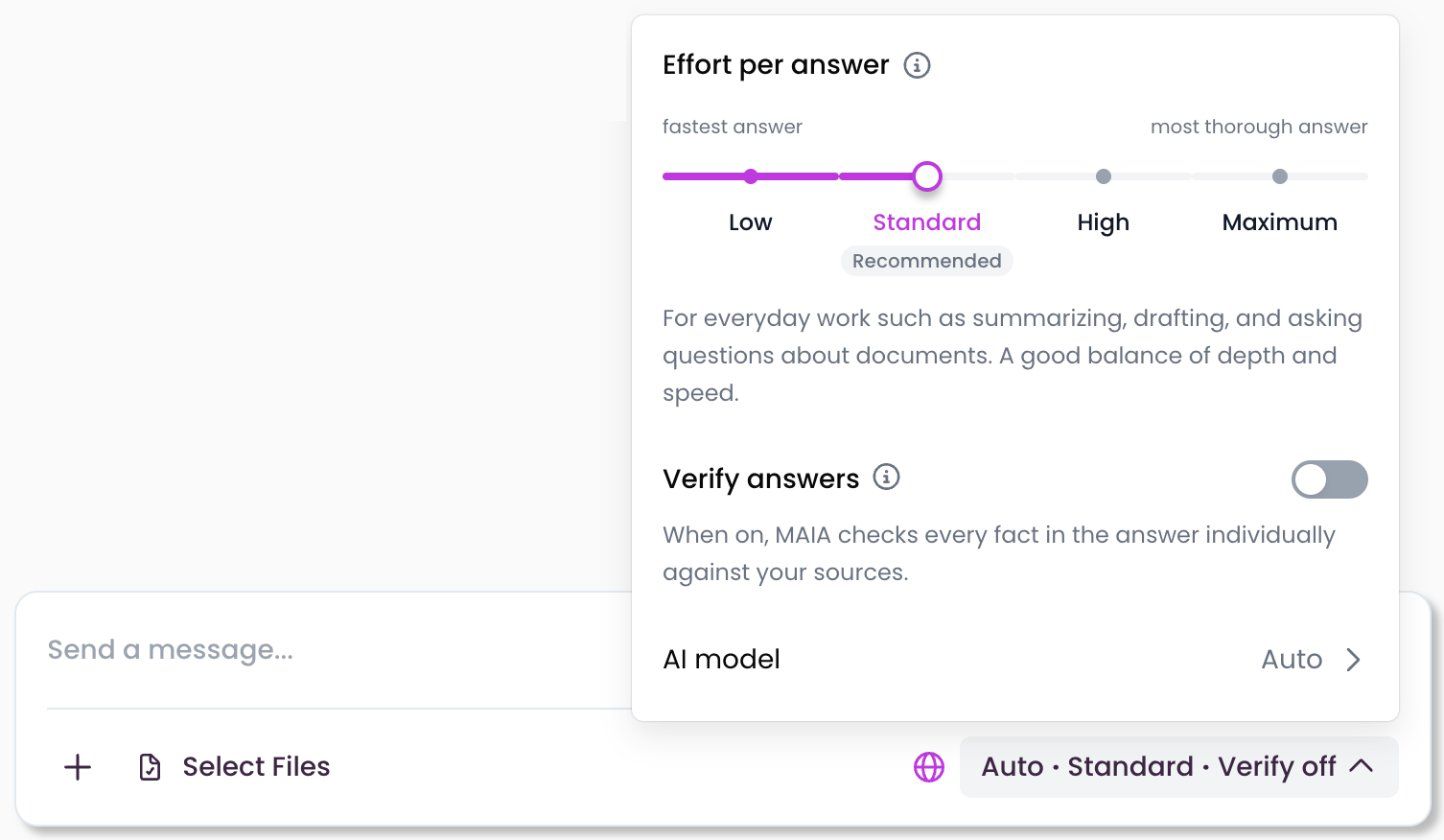 Open answer settings with effort, “Verify answers” and AI model