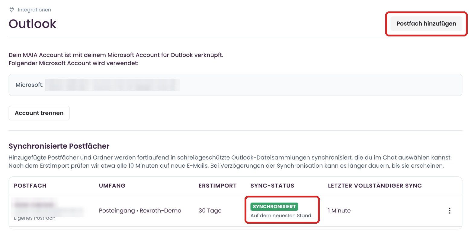 Outlook-Einstellungen mit verbundenem Konto und synchronisiertem Postfach