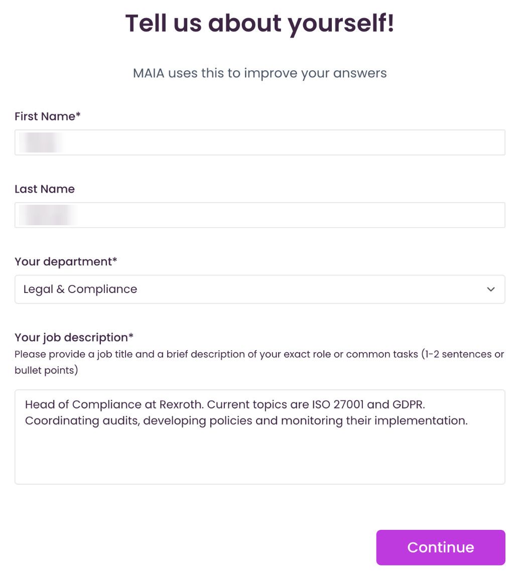 “Tell us about yourself!” form with first name, last name, department and job description