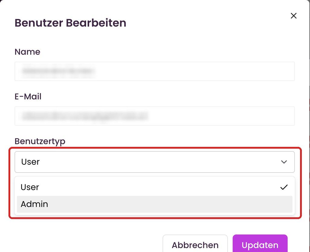 Fenster „Benutzer Bearbeiten“ mit der Auswahl „Benutzertyp“