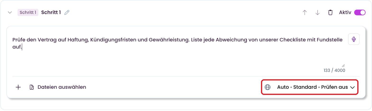 Schritt mit Anweisung, Dateien und Antworteinstellungen