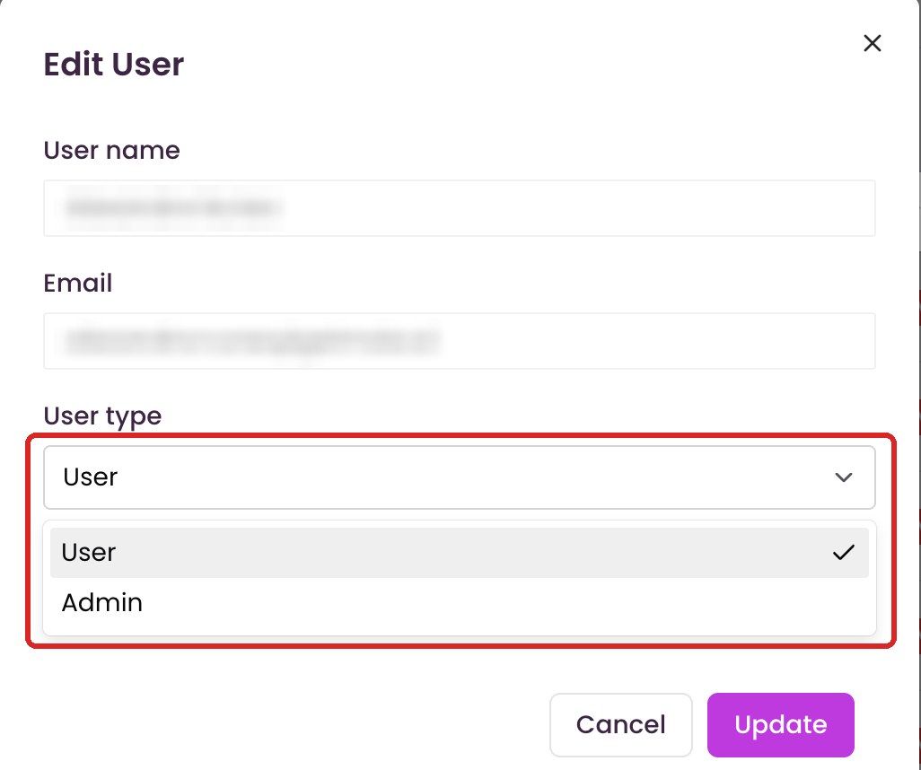 “Edit User” window with the “User type” list