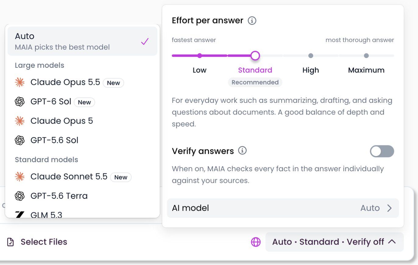 List of AI models in the answer settings