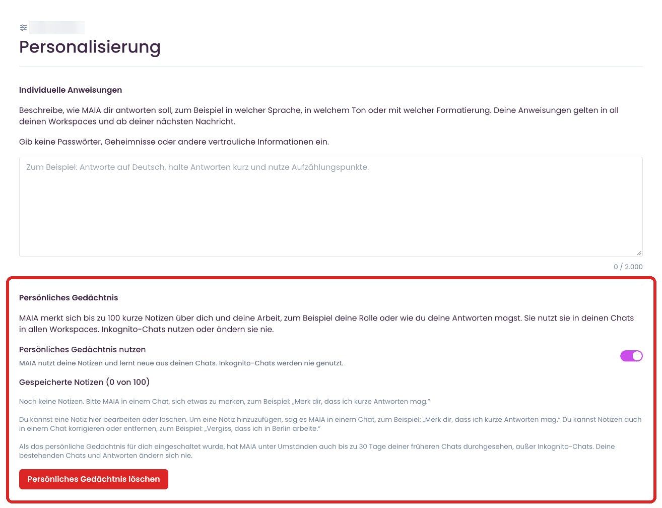 Abschnitt „Persönliches Gedächtnis“ in den Einstellungen