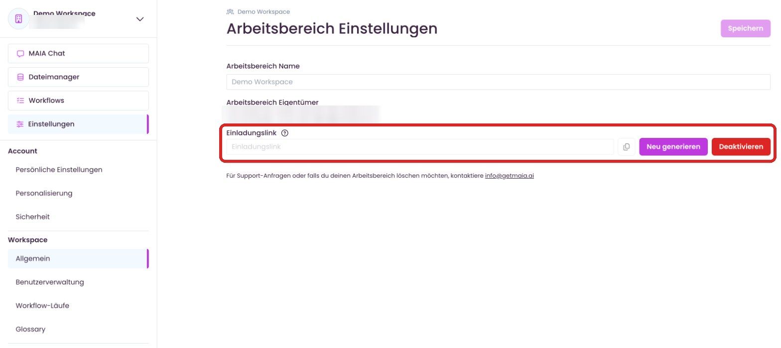 Einladungslink auf der Seite „Allgemein“