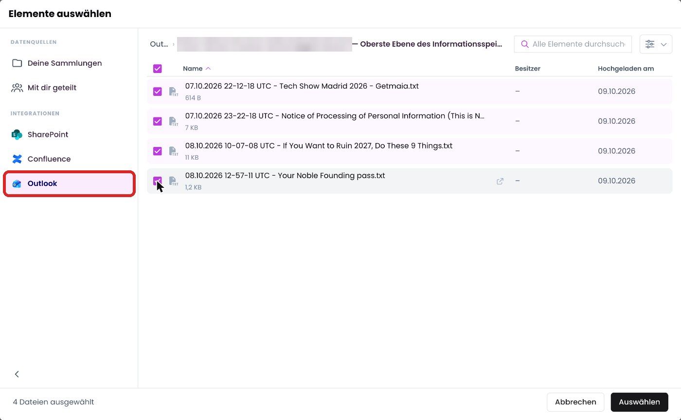 Ausgewählte E-Mails unter „Outlook“ in „Dateien auswählen“