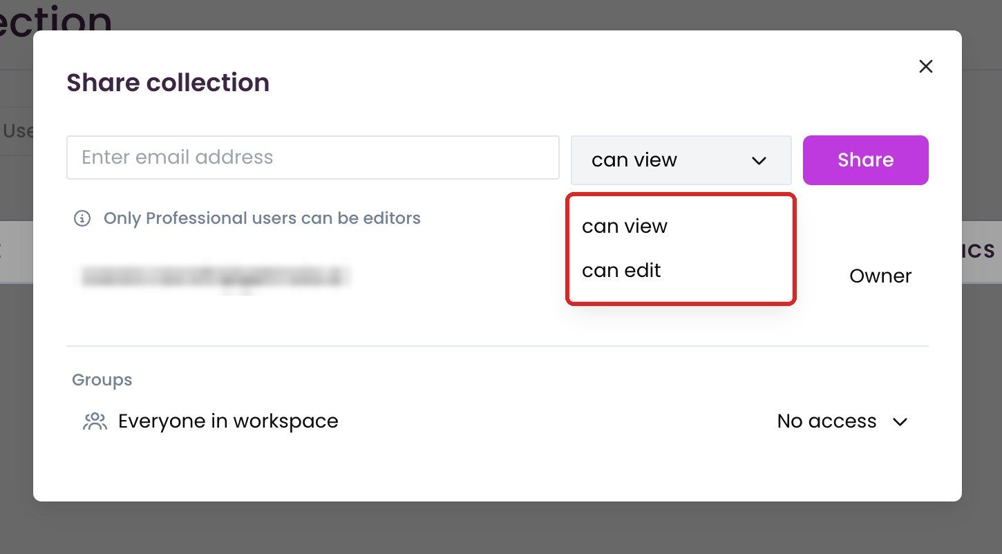 “Share collection” dialog with access levels